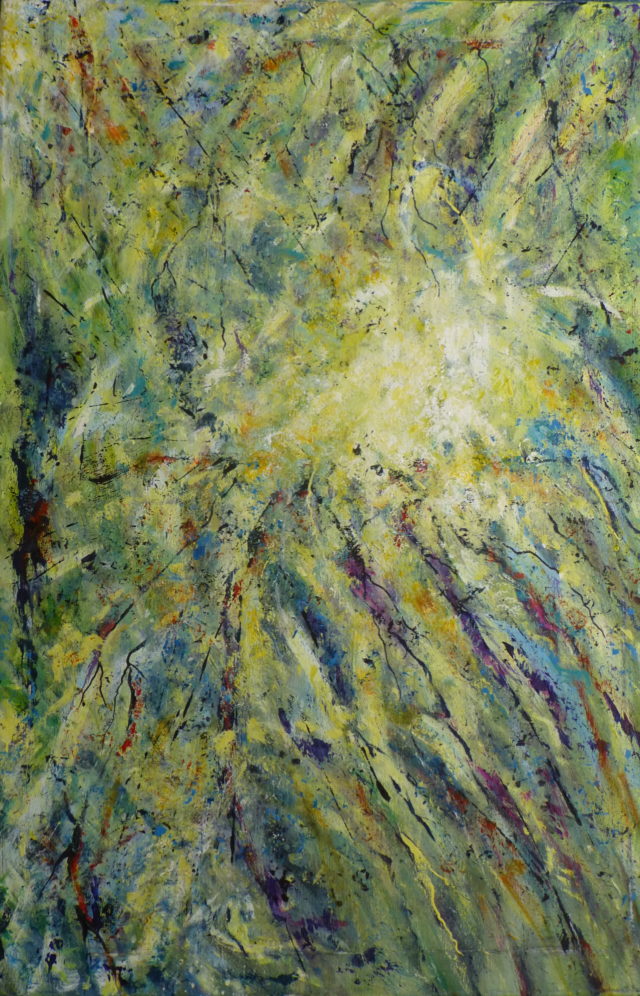 An abstract acrylic painting in greens yellows and blues giving textural surface of a topographical nature