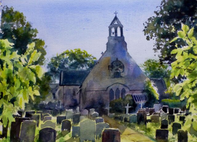 A watercolour painting of the rear of St Likes Church in Formby with the sun shining through the leaves of the surrounding trees.