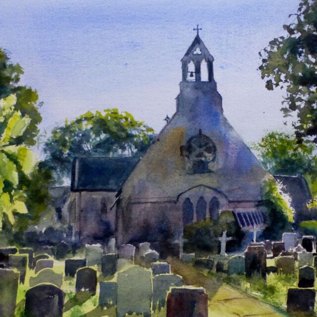 A watercolour painting of the rear of St Likes Church in Formby with the sun shining through the leaves of the surrounding trees.