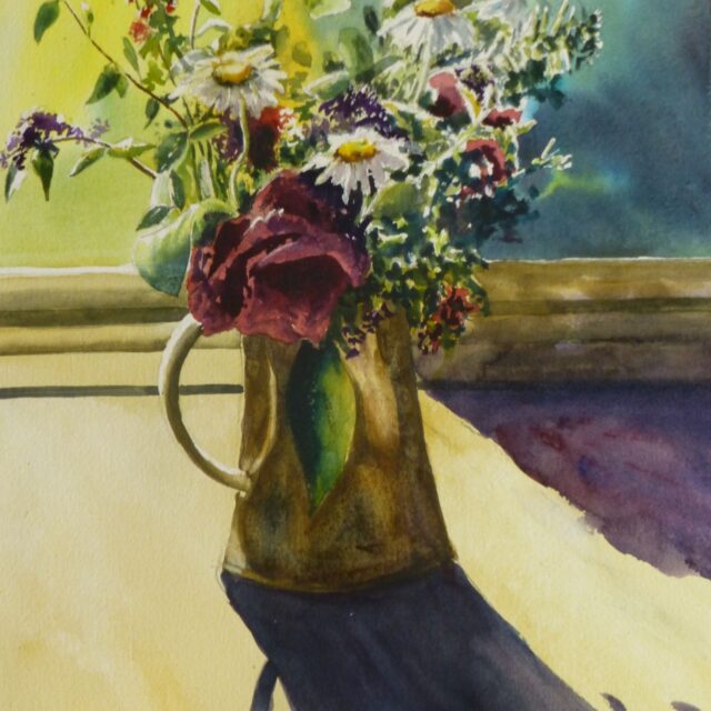 A watercolour painting of A Jug Of Flowers In A Sunny Window showing daisies and camillias highlighted by sunshine and creating deep shadows
