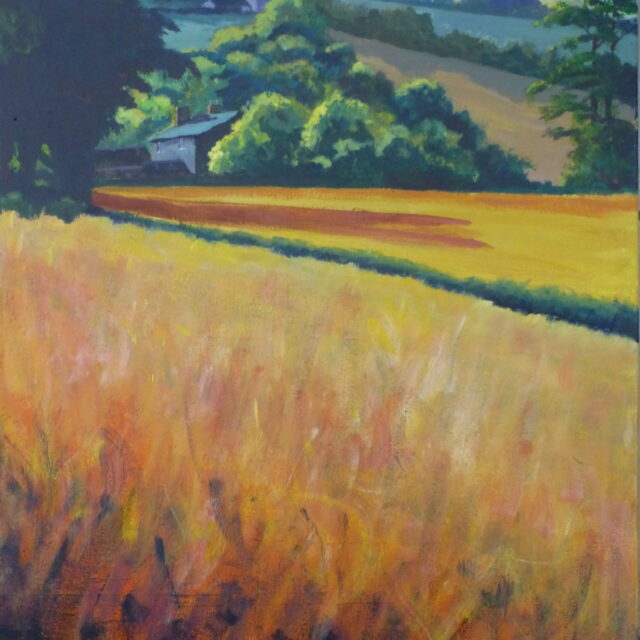 A stylised acrylic painting looking across the fields on Clieves Hills towards Christ Church Aughton in the morning light.
