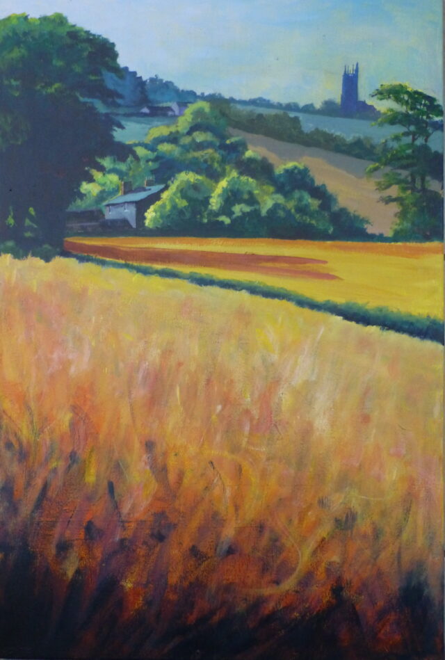 A stylised acrylic painting looking across the fields on Clieves Hills towards Christ Church Aughton in the morning light.