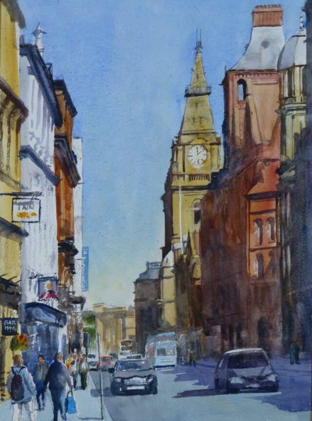 A watercolour painting of a busy sunny day in Dale Street Liverpool, looking at the Prudential and Municipal Buildings.
