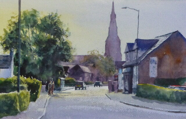 A watercolour townscape painting of the main street in Tarleton, near Southport, featuring the Holy Trinity Church spire.