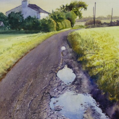 Small Lane South, Halsall - Watercolour Painting A watercolour painting of a lane in Halsall, near Ormskirk, depicting a cottage and the potholed lane dotted with puddles.