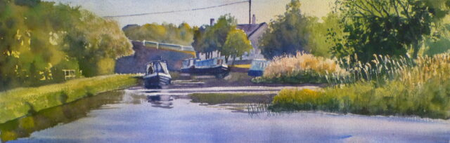 A watercolour painting of the Leeds Liverpool Canal at Halsall by the Saracens Head pub with moored narrowboats and the bridge.