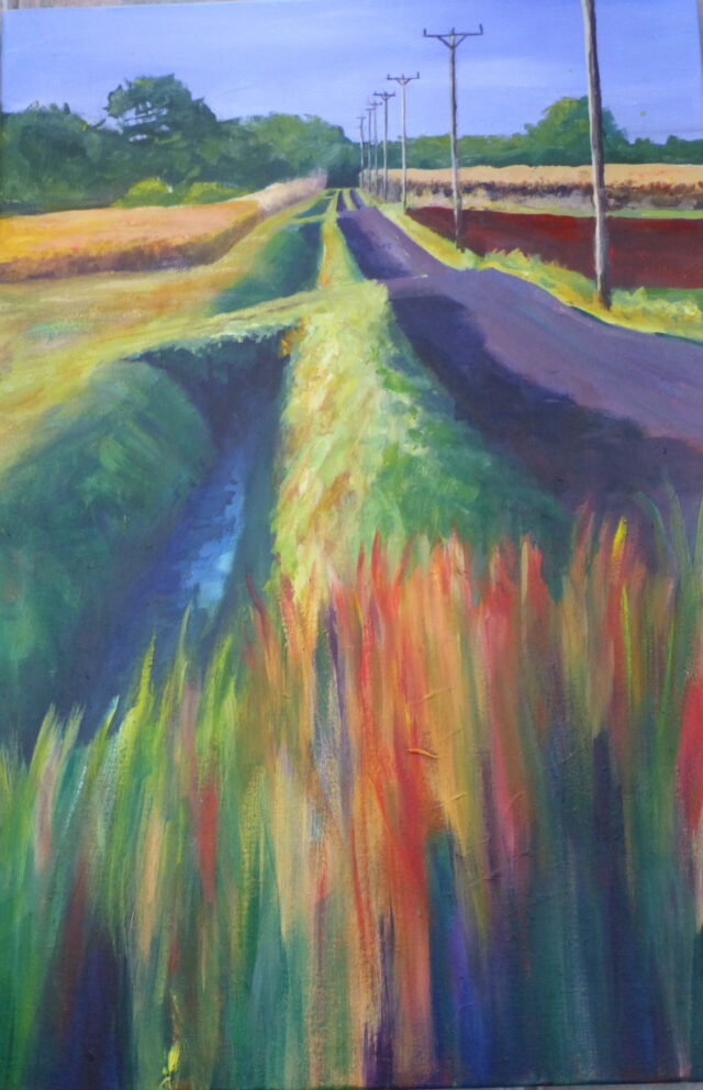 An acrylic painting on canvas of an undulating country track near Halsall alongside a deep ditch with telegraph poles and fields of crops in sunlight.