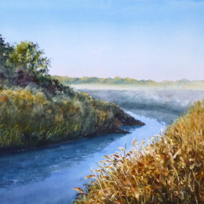 Mist Dusted Alt on an Autumn's Morning - Watercolour Painting A watercolour painting of a bend on the River Alt on a misty morning with reedbeds and a low sun highlighting the trees.