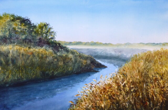 A watercolour painting of a bend on the River Alt on a misty morning with reedbeds and a low sun highlighting the trees.