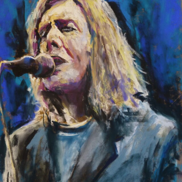 A pastel painting of David Bowie with long hair in later years performing on stage. Done in an expressive style