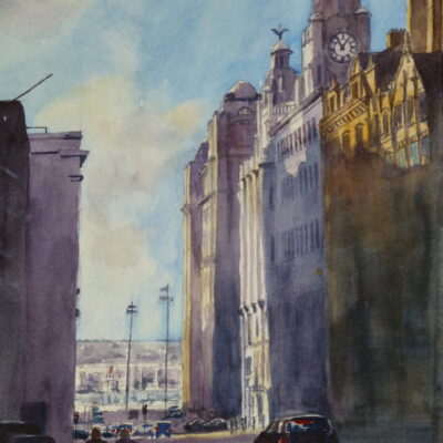 Light Trickles into Water Street - Watercolour Painting A watercolour painting of Water Street in Liverpool and the Liver Building with the sun shining on the tops of the buildings and cars and pedestrians on the street below.