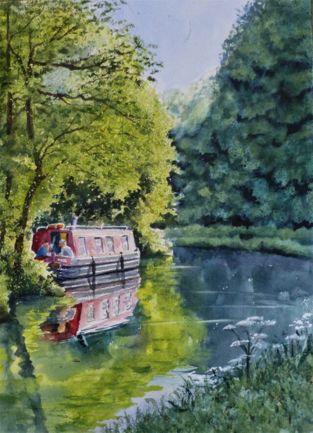 A watercolour painting of the Leeds to Liverpool Canal with a narrowboat moored to the bank under trees with lush foliage and reflections in the water.