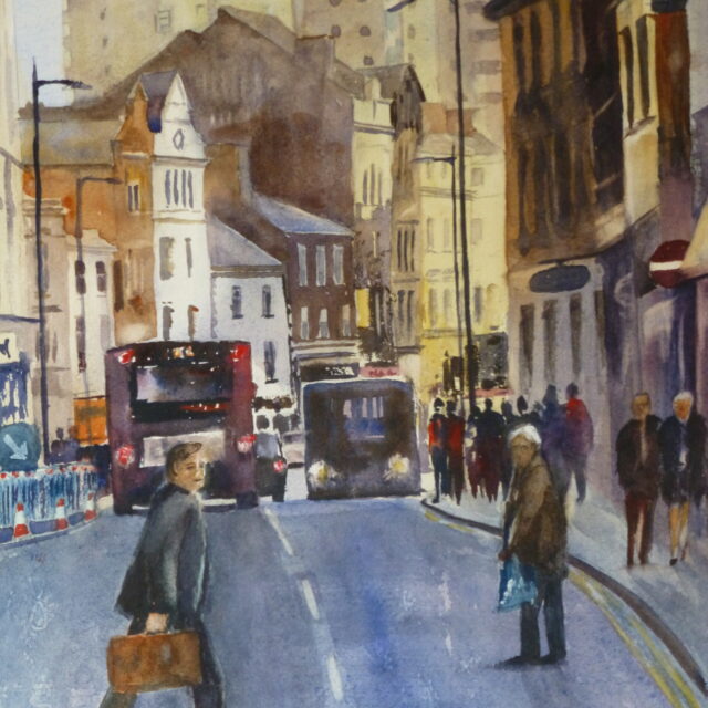 Crossing Hanover Street a watercolour painting of Liverpool and the busy street with buses, cars and pedestrians