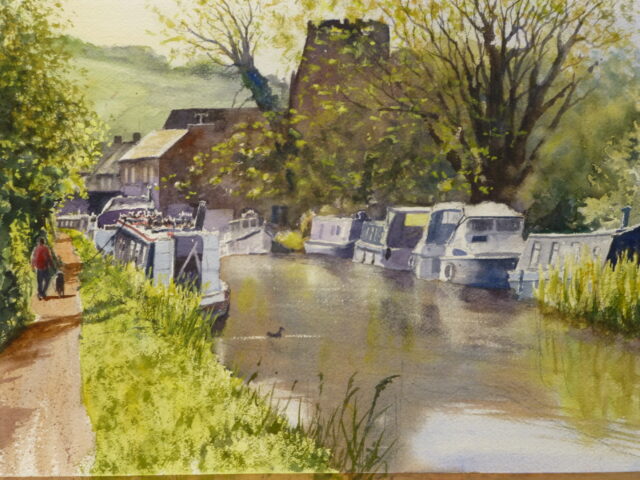 A watercolour painting of the moorings on the Leeds to Liverpool canal at Parbold with views of narrowboats and dog walkers.