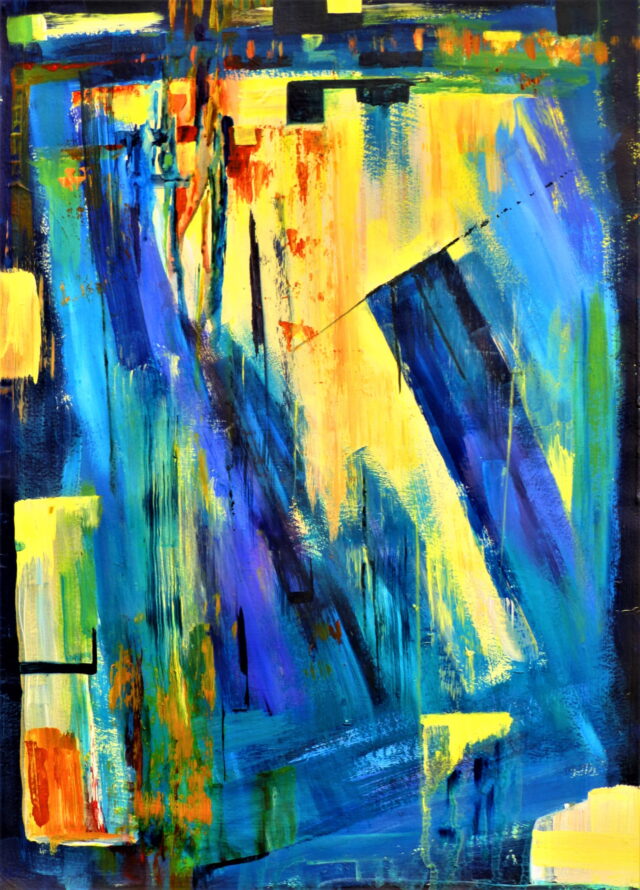 An abstract painting entitled Harbour Lights in blues, purples and yellows with flashes of oranges and blacks.