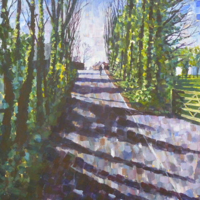 An Acrylic painting of a sunlit lane in early spring with reflected light off the ivy on the tree trunks and shadows across the road.