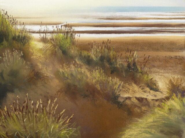 A pastel painting of Formby Beach at Freshfield with the afternoon sun casting shadows over the dunes and highlighting the marram grass.