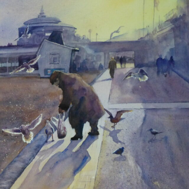 A watercolour painting of a man about to feed the birds on Eastbourne promenade at sunset and the gulls arriving for their feed