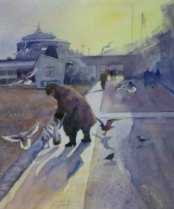 A watercolour painting of a man about to feed the birds on Eastbourne promenade at sunset and the gulls arriving for their feed