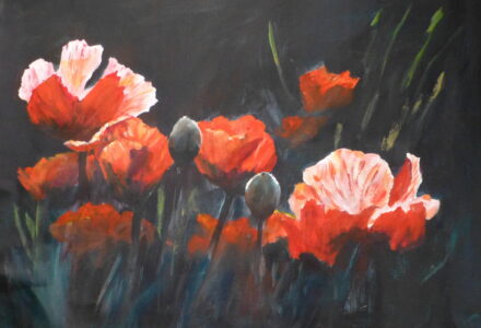 An acrylic painting of a group oriental red poppies and flower buds illuminated by a backlight against a very dark background