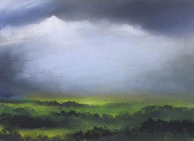 A pastel painting of countryside momentarily illuminated in part by sunlight coming in through the clouded and stormy sky