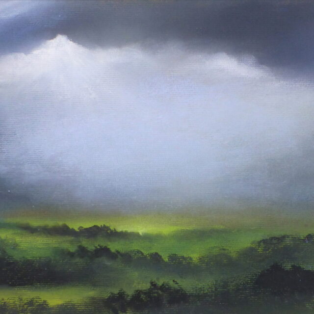 A pastel painting of countryside momentarily illuminated in part by sunlight coming in through the clouded and stormy sky