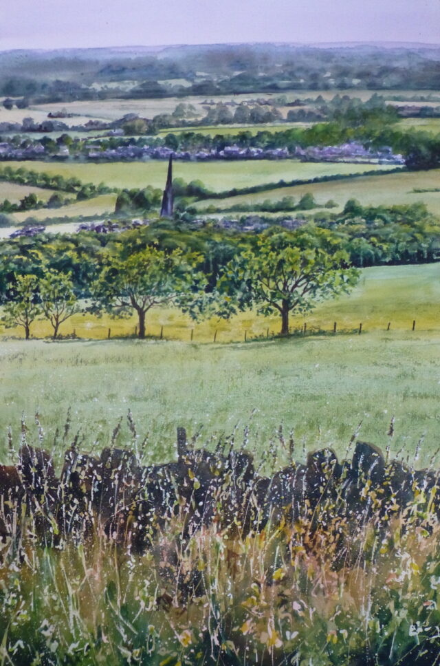A watercolour painting of Parbold Hill looking towards Southport over a low wall of grasses, trees below, and on past the church to the rolling fields and woodland.
