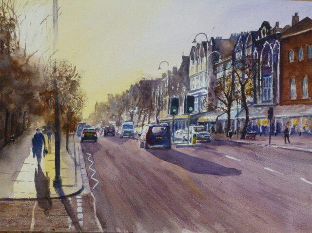 A watercolour painting of Southport's Lord Street with pedestrians and traffic as the sun sets behind the end of the street .