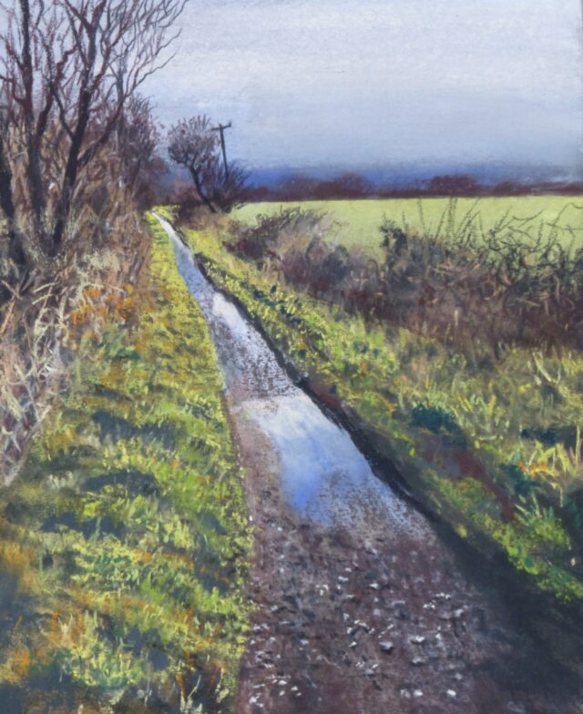 A pastel painting of the puddle-strewn footpath along the old railway line near Lydiate in Liverpool with bare trees and gathering clouds.