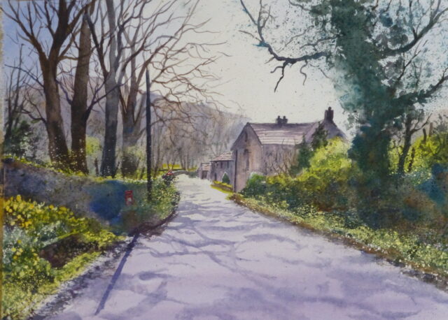A watercolour painting of a country lane and cottages in Wharfedale on a spring morning with the sun highlighting the trees and daffodils