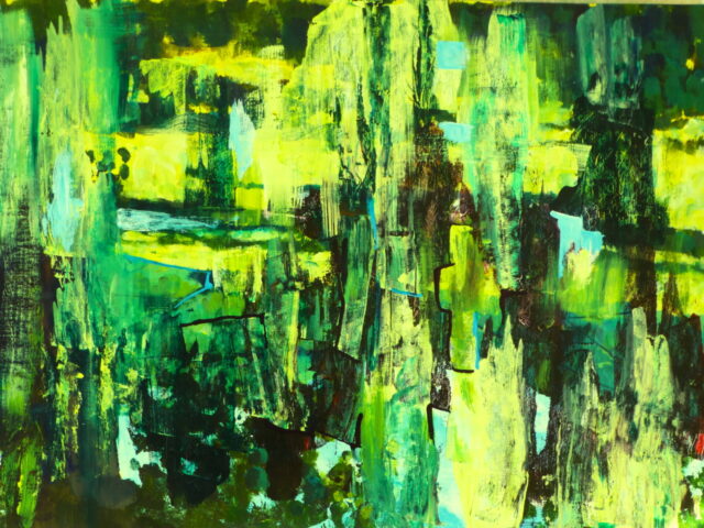 An abstract painting with acrylics in greens and yellows and tonal contrasts from black to white creating a shadowy world.