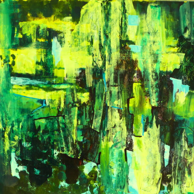 An abstract painting with acrylics in greens and yellows and tonal contrasts from black to white creating a shadowy world.