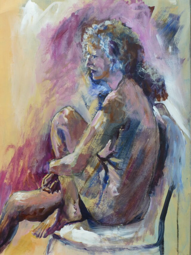 An Acrylic painting of a female model sat on a chair with one knee pulled up under her chin and the light illuminating her features.