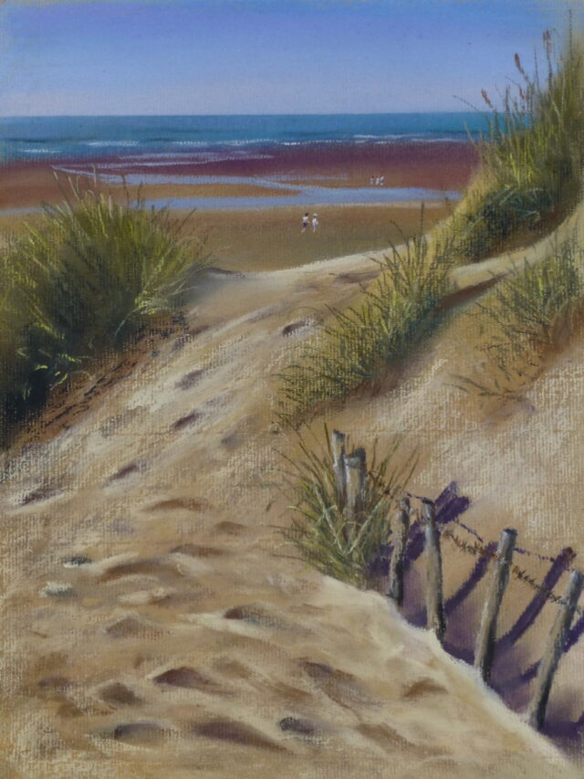 A pastel painting of the view between dunes towards the sea at Formby Point, with marram grass and broken fencing in the sunshine.