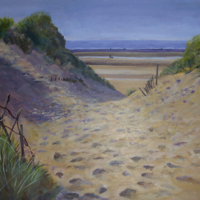 An acrylic painting of the path to the beach at Formby Point with footsteps in the sand, marram grass and broken fencing.