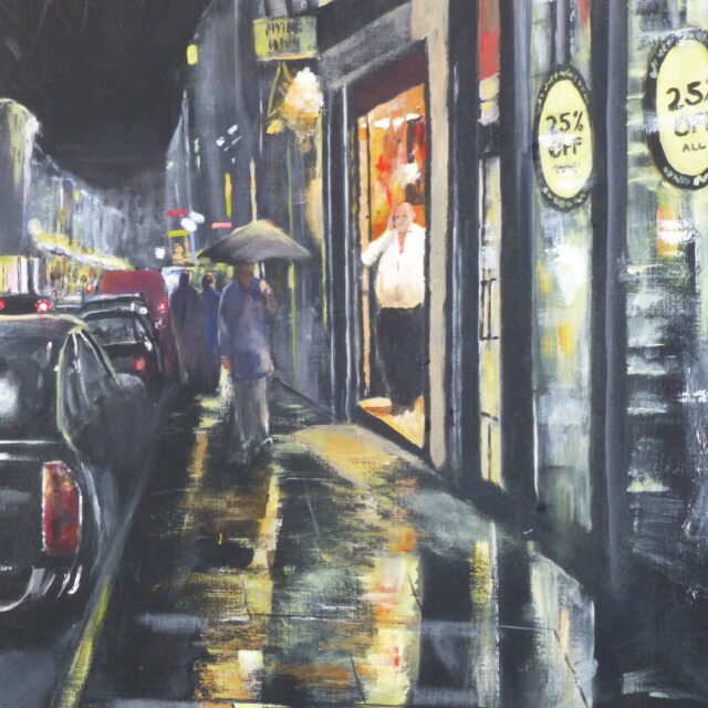 An Acrylic painting of Bold Street Liverpool on a wet night with shoppers walking past the illuminated shops with reflections on the pavement and parked cars