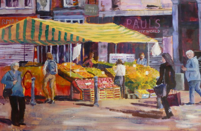 An Acrylic painting of a sunlit fruit stall in Clayton Place, Liverpool with passers by and customers, set against the shops and pubs in the area by Central Station