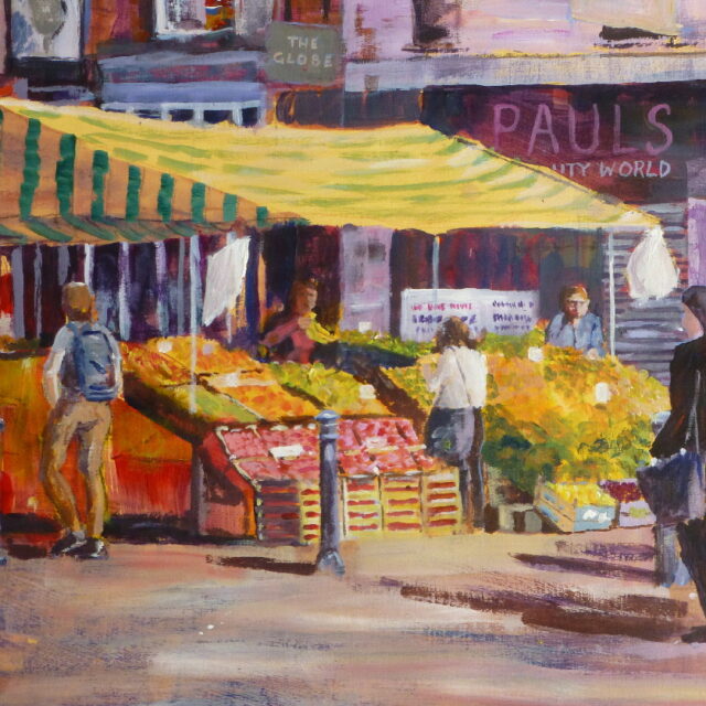 An Acrylic painting of a sunlit fruit stall in Clayton Place, Liverpool with passers by and customers, set against the shops and pubs in the area by Central Station