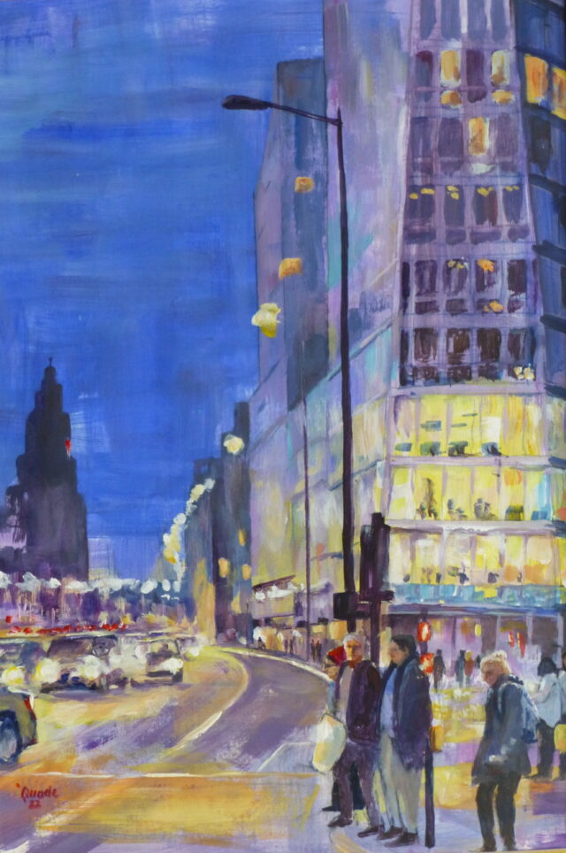 An Acrylic painting of pedestrians waiting to cross the Strand in Liverpool 1 in the early evening with the lights from buildings and passing cars and the Liver Building in the distance.