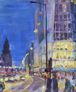 An Acrylic painting of pedestrians waiting to cross the Strand in Liverpool 1 in the early evening with the lights from buildings and passing cars and the Liver Building in the distance.