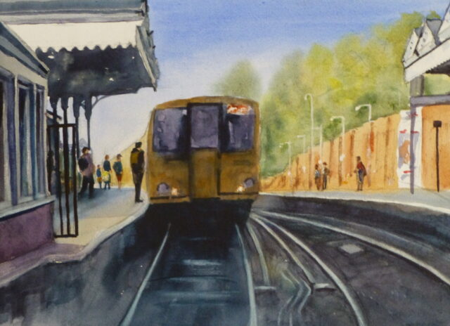 A watercolour painting of Birkdale station when the train has just arrived in the morning and commuters are about to board whilst others on the other platform wait in the sun.