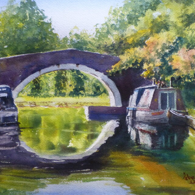 A watercolour painting of the Leeds to Liverpool Canal at a Lydiate bridge in the autumn with narrowboats and cruisers illuminated by the morning light.