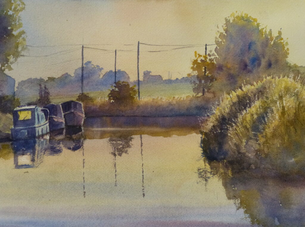 A watercolour painting of the Leeds to Liverpool canal at Haskayne with moored narrowboats in a morning glow.