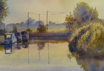 A watercolour painting of the Leeds to Liverpool canal at Haskayne with moored narrowboats in a morning glow.