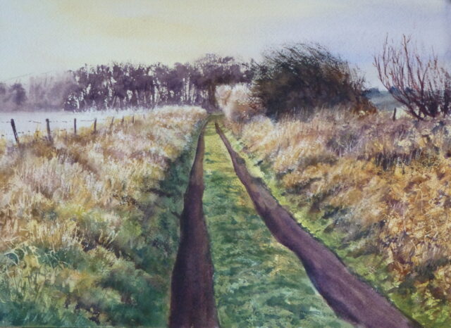 Coastal Path at Formby - a landscape watercolour painting of the coastal tracks near Formby with sunlight over fields, trees and fences