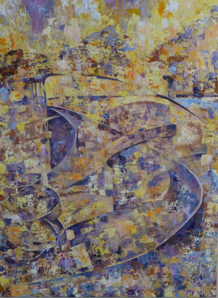 An acrylic, semi abstract, painting based on a Frank Lloyd Wright building featuring desert hues and repetitive motifs from an Arizona construction