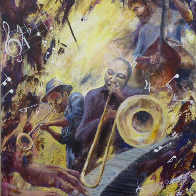 A stylised acrylic painting of a jazz band playing energetically as if in a storm with winds blowing down power cables and notes and musical annotation thrown everywhere