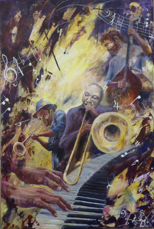A stylised acrylic painting of a jazz band playing energetically as if in a storm with winds blowing down power cables and notes and musical annotation thrown everywhere