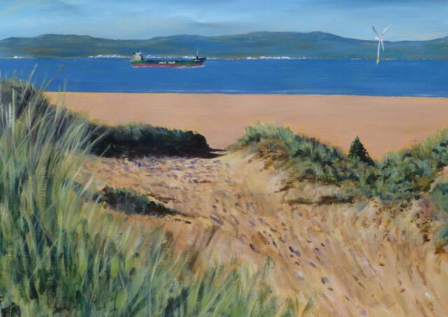 An acrylic painting of the Mersey Estuary at Formby with a passing container boat and the Wirral in the background with a windturbine. In the foreground is the beach and marram clad dunes.