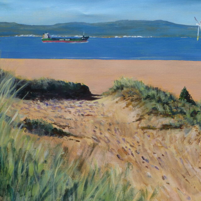 An acrylic painting of the Mersey Estuary at Formby with a passing container boat and the Wirral in the background with a windturbine. In the foreground is the beach and marram clad dunes.